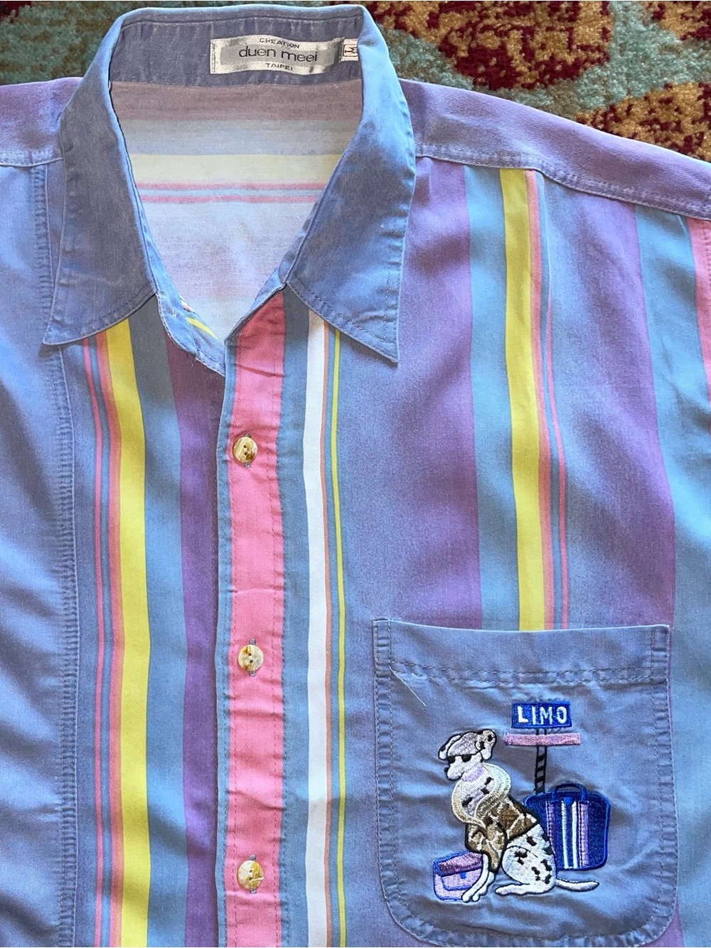 VTG Stripe 90s Bowling Golf Shirt Unisex Sz L Dalmatian Embroidered Pocket Retro